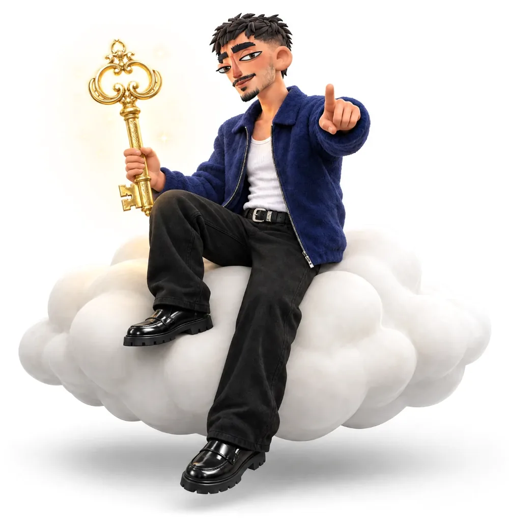 Léo, en avatar 3D, assis sur un nuage avec une clé dorée, qui te pointe du doigt