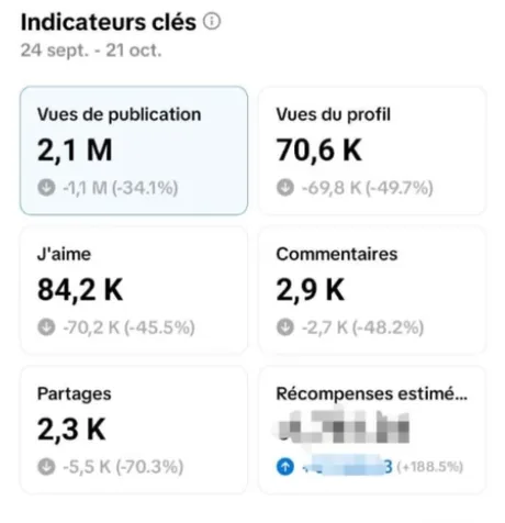 Statistiques : 2,1 M de vues de publication, 70,6 K vues du profil, 84,2 K j'aime, 2,9 K commentaires, 2,3 K partages