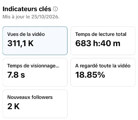 Statistiques : 311,1 K vues de la vidéo, 683 h 40 min de lecture, 18,85 % ont regardé toute la vidéo, 2 K nouveaux followers